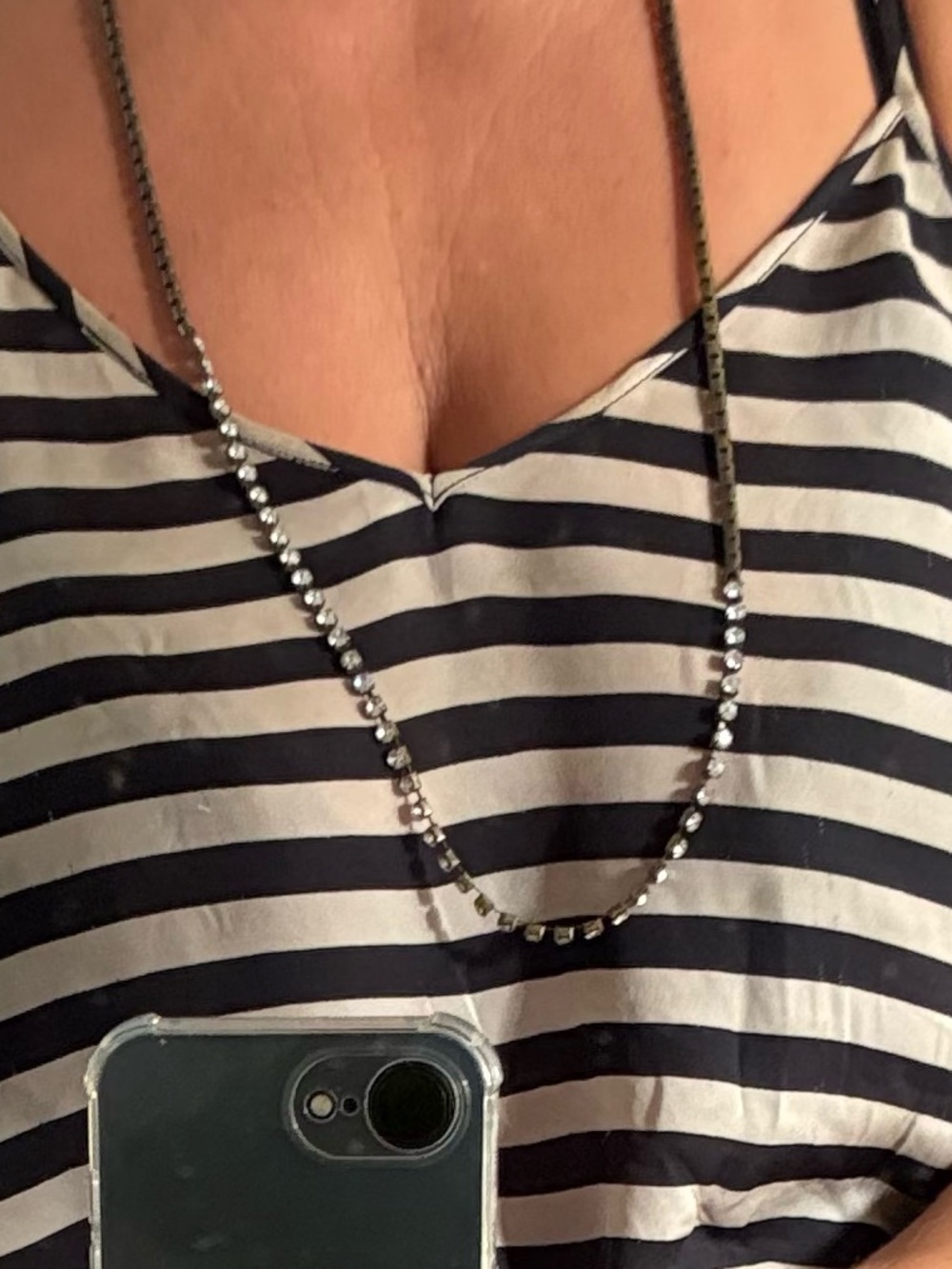 Vintage | J Crew Long Brass Chain Necklace with faux diamond accents